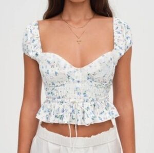 For Love And Lemons Opal White and Blue Floral Lace-Up Top Size XS